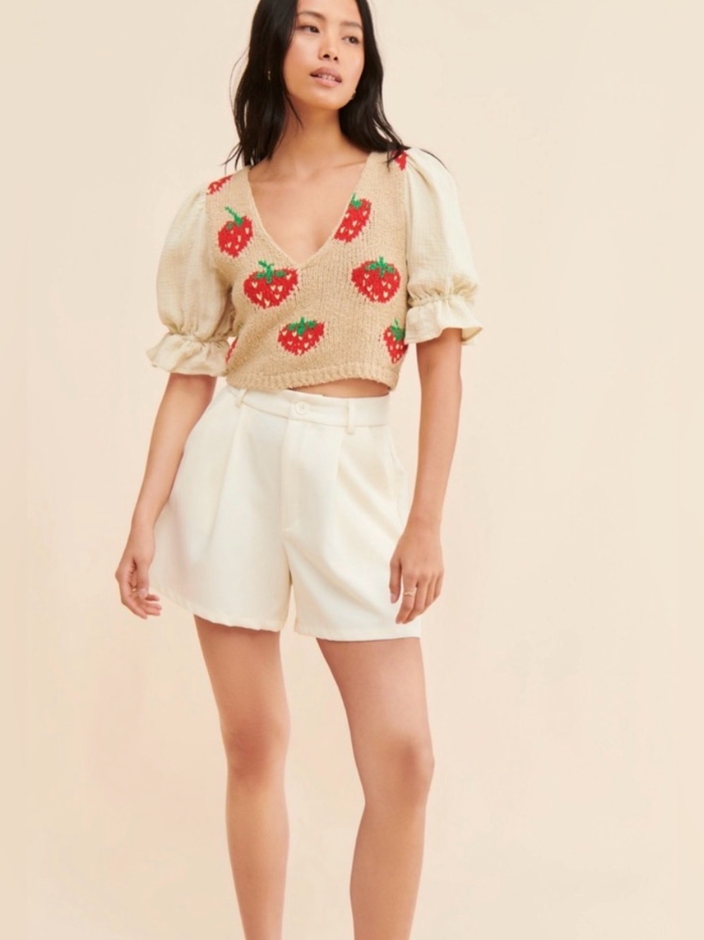 FREE PEOPLE Strawberry Jam Crop Top XS Puff Sleeve Knit Boho - Picture 5 of 16
